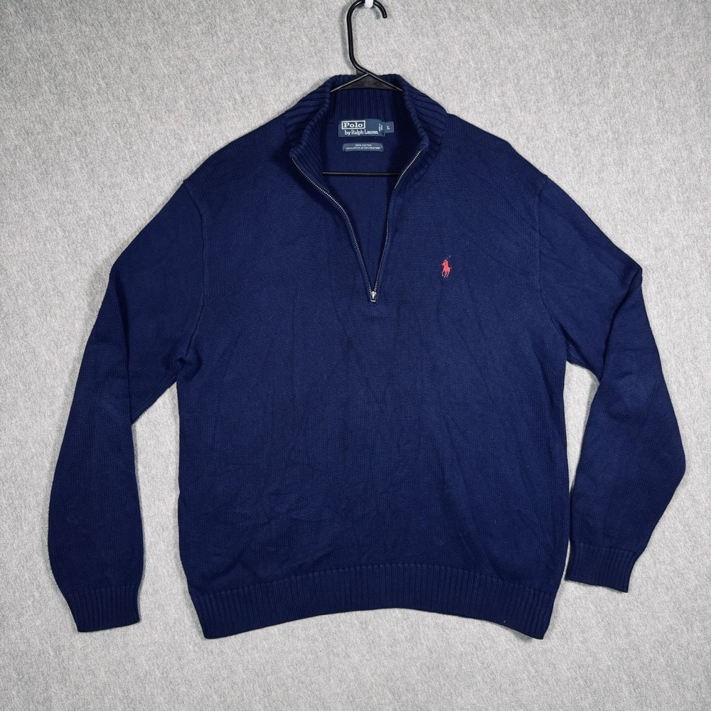 VTG POLO RALPH LAUREN Navy Rib 1/4 Zip Pullover Sweater L
